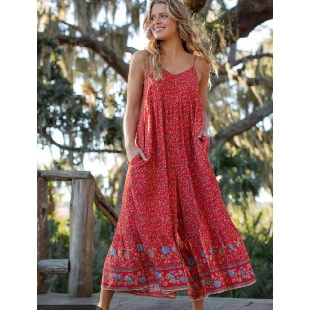 Natural Life Jamie Floral Wide Leg Jumpsuit Medium Red Boho Paisley Prairie Fall
